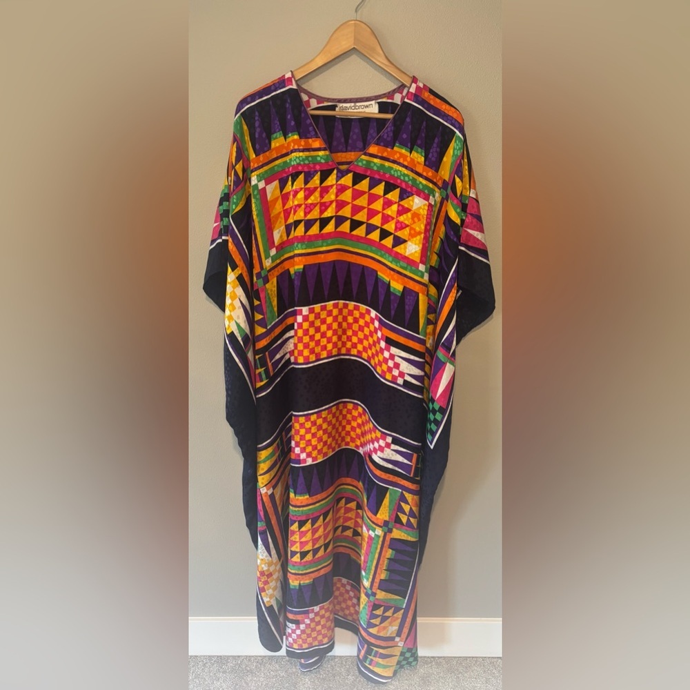 VINTAGE DAVID BROWN CALIFORNIA 70s 80s Bright Geometric Muumuu Kaftan Tunic‎